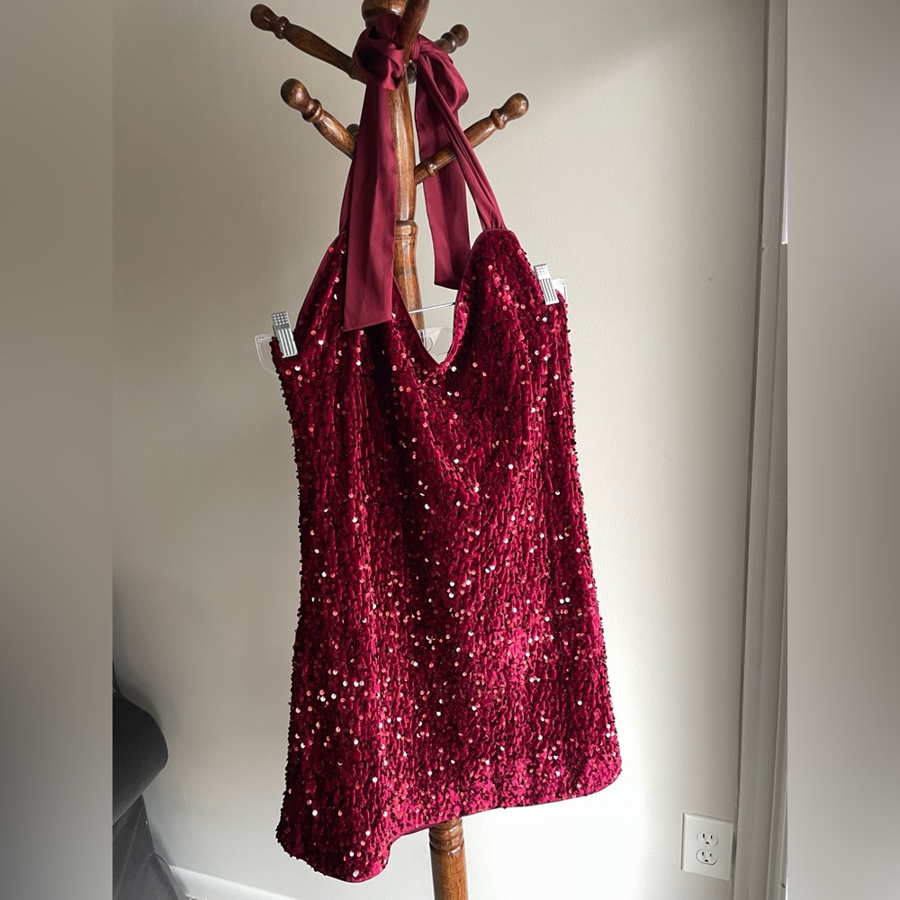 Sparkling Burgundy Sequin Halter Dress